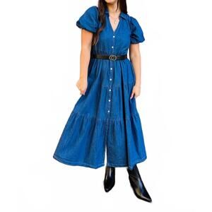 NEW APNY long tiered dress with puff sleeve in medium indigo